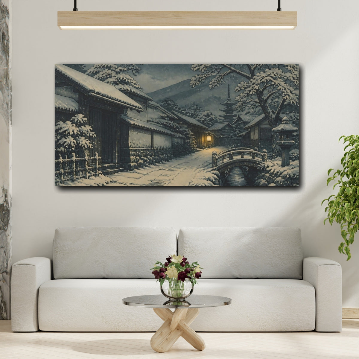 Mockup 2. Snowy Village Street At Night shown as canvas print