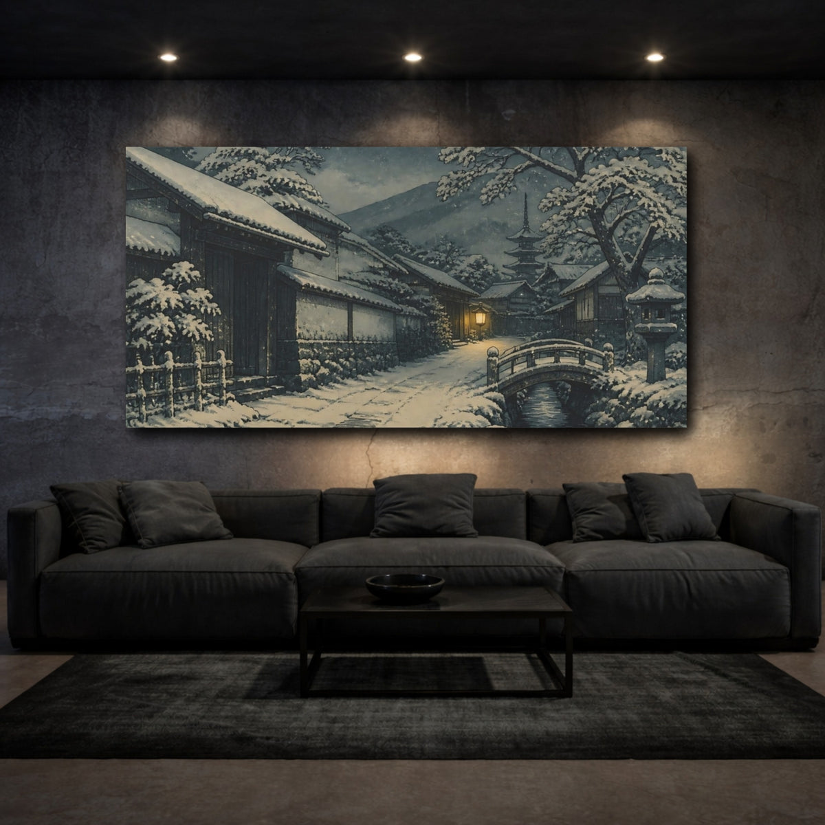 Mockup 3. Snowy Village Street At Night shown as canvas print