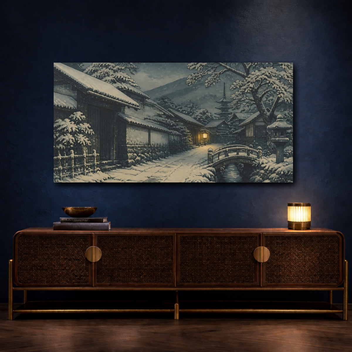 Mockup 4. Snowy Village Street At Night shown as canvas print
