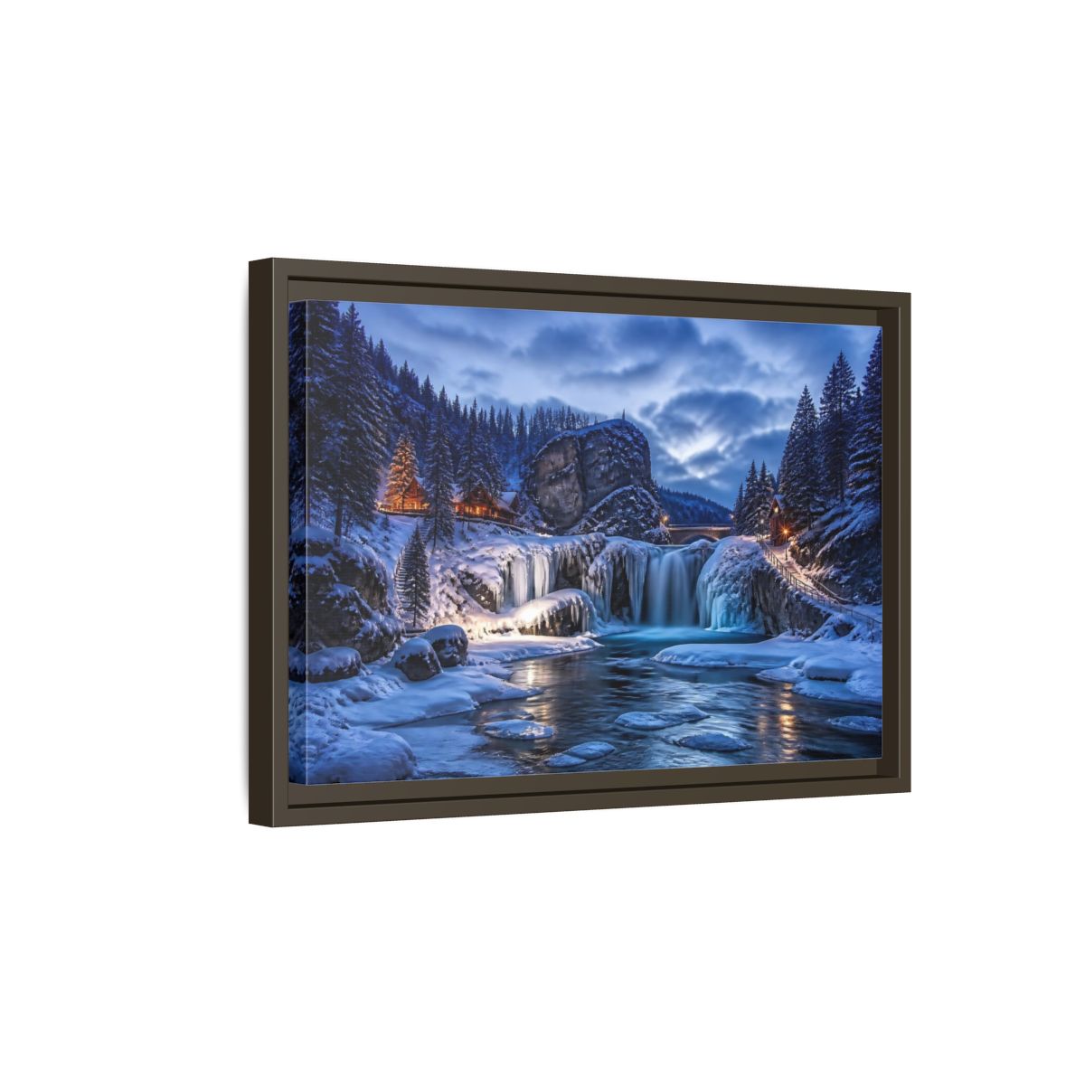 Side Mockup 5. Snowy Waterfall Cabin shown as framed canvas print