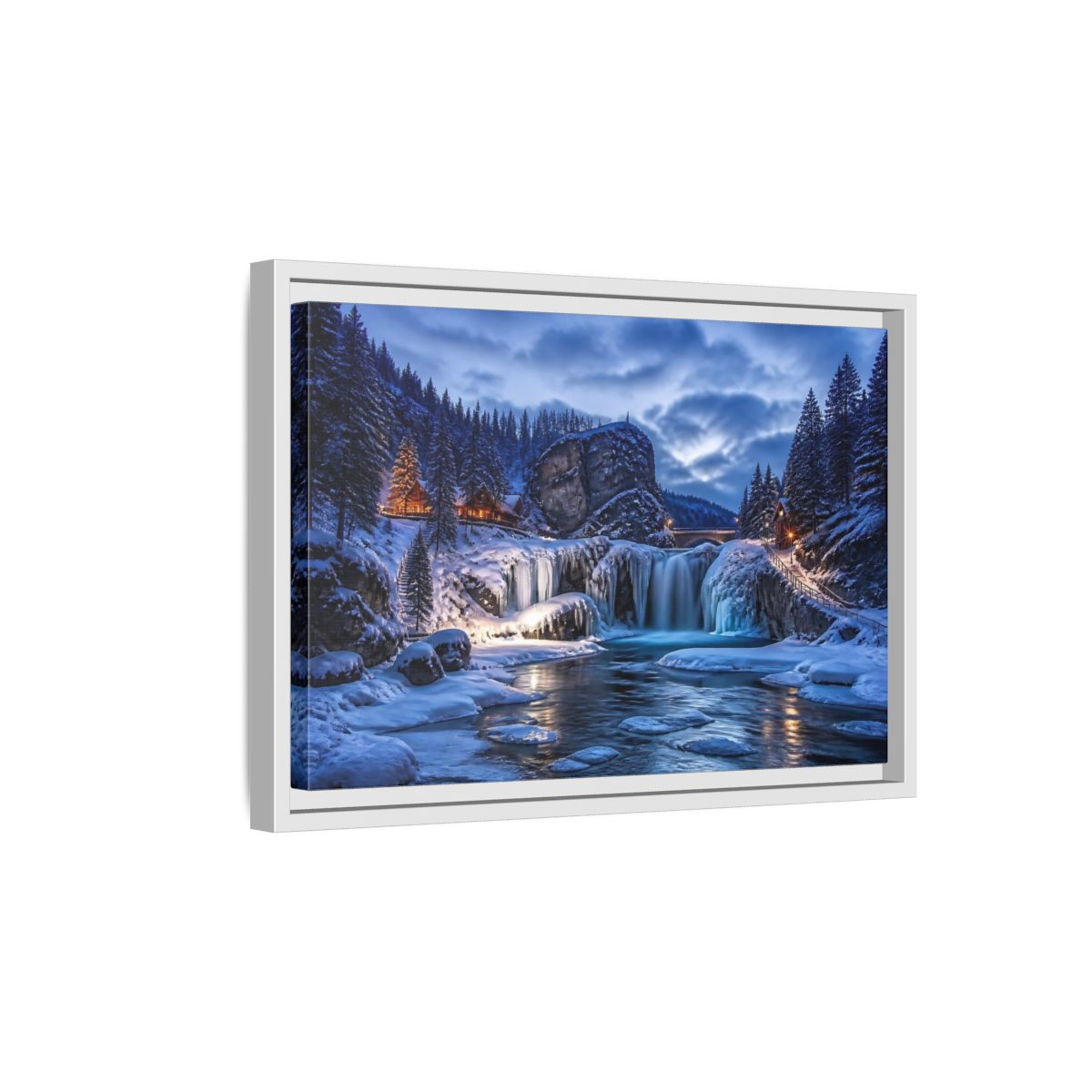 Side Mockup 4. Snowy Waterfall Cabin shown as framed canvas print