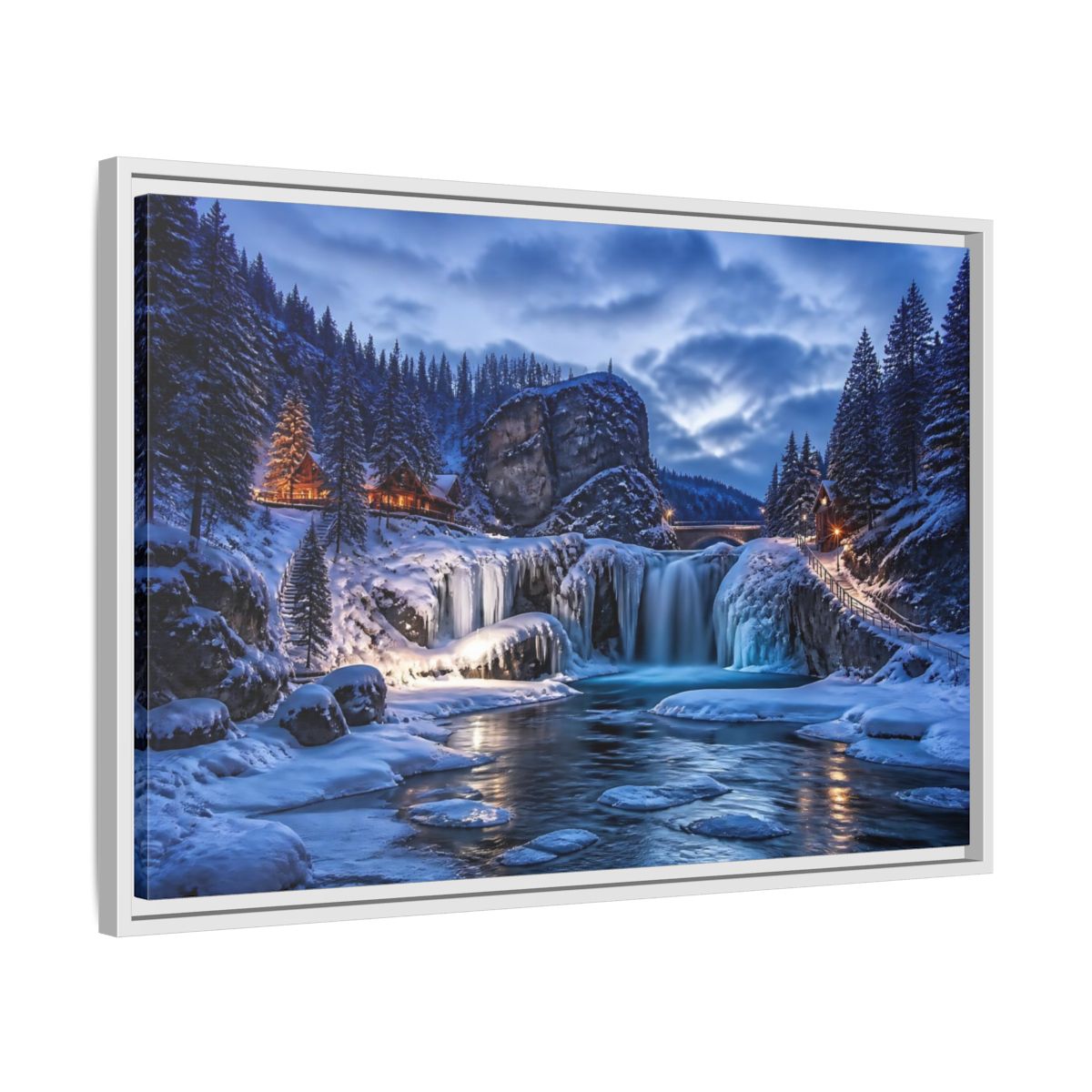 Side Mockup 10. Snowy Waterfall Cabin shown as framed canvas print