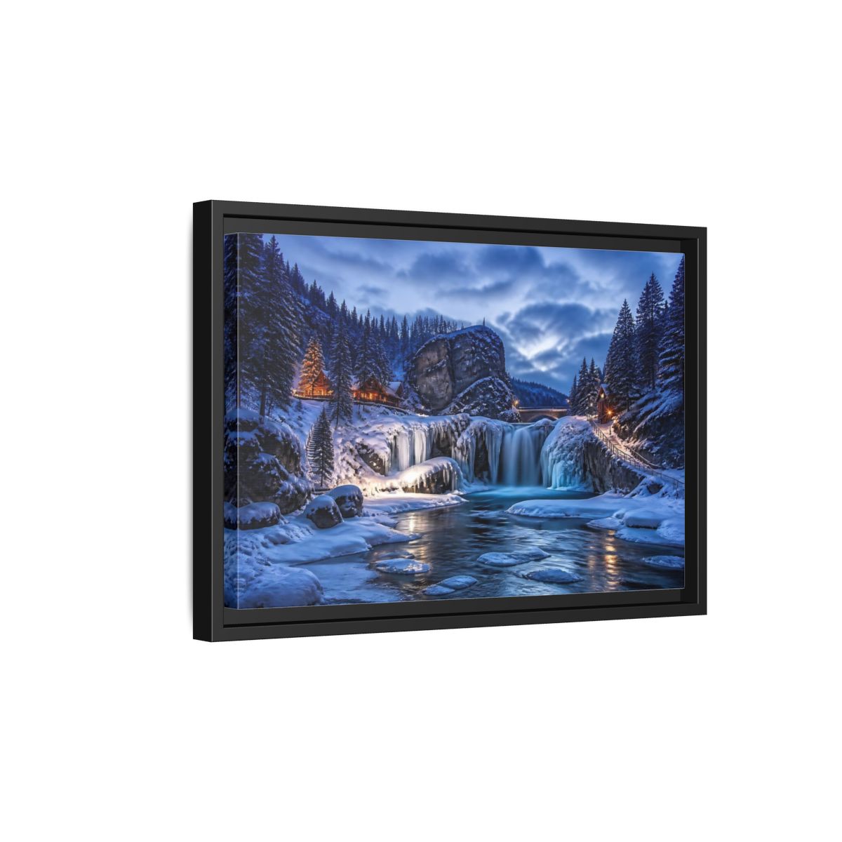 Side Mockup 6. Snowy Waterfall Cabin shown as framed canvas print