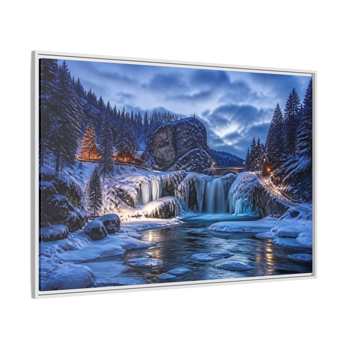 Side Mockup 7. Snowy Waterfall Cabin shown as framed canvas print