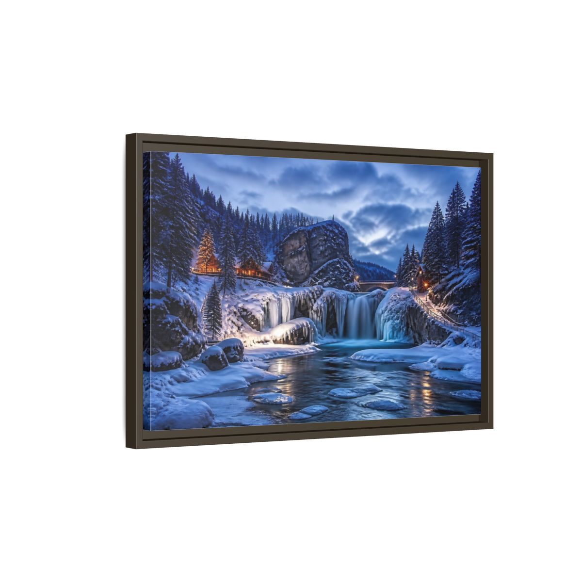Side Mockup 2. Snowy Waterfall Cabin shown as framed canvas print