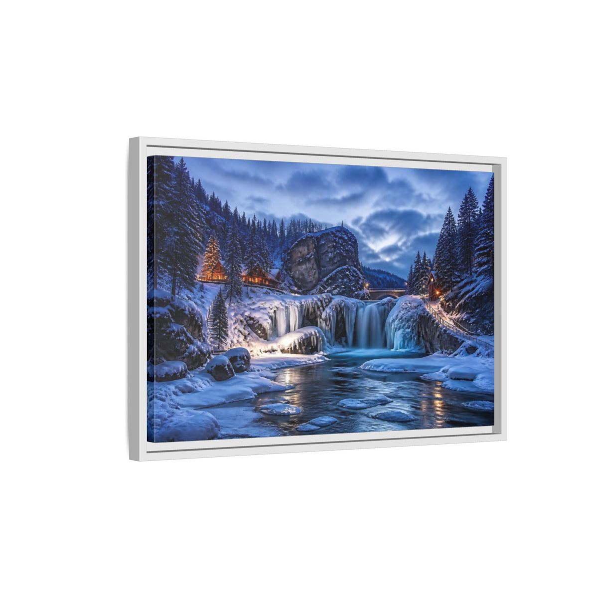 Side Mockup 1. Snowy Waterfall Cabin shown as framed canvas print
