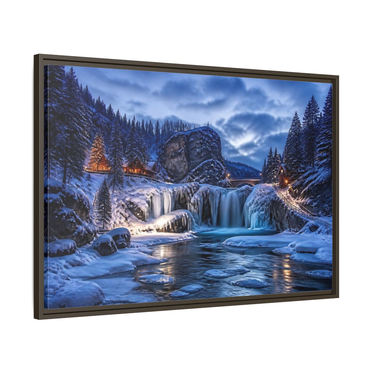 Main Mockup. Snowy Waterfall Cabin shown as framed canvas print