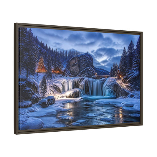 Main Mockup. Snowy Waterfall Cabin shown as framed canvas print