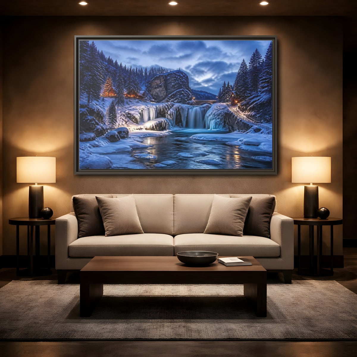 Mockup 2. Snowy Waterfall Cabin shown as framed canvas print