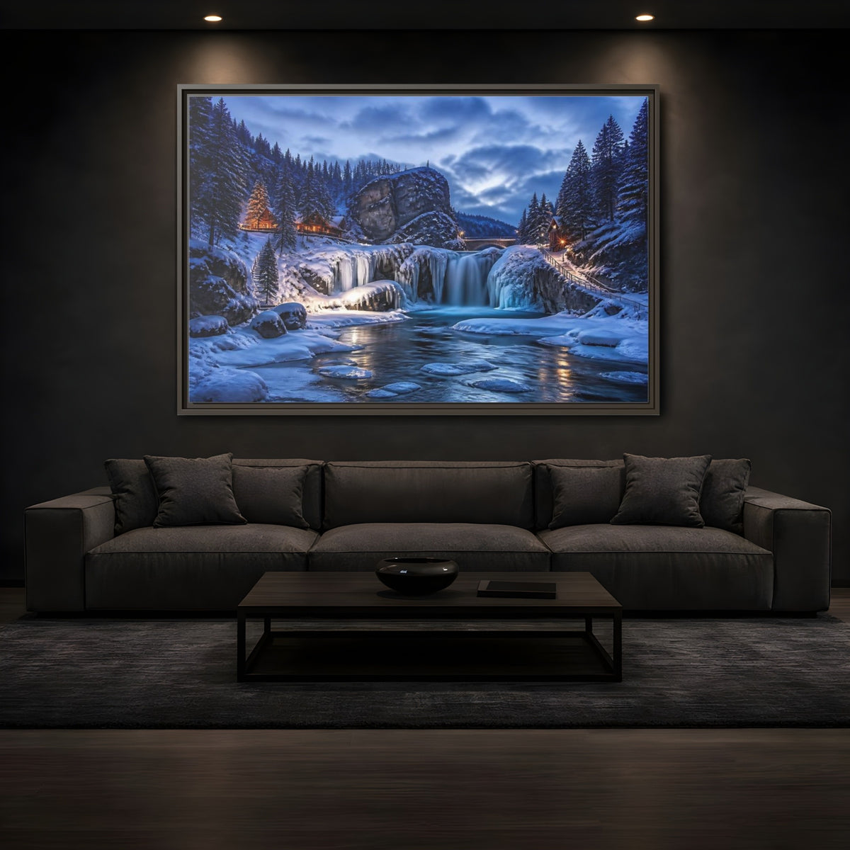 Mockup 3. Snowy Waterfall Cabin shown as framed canvas print