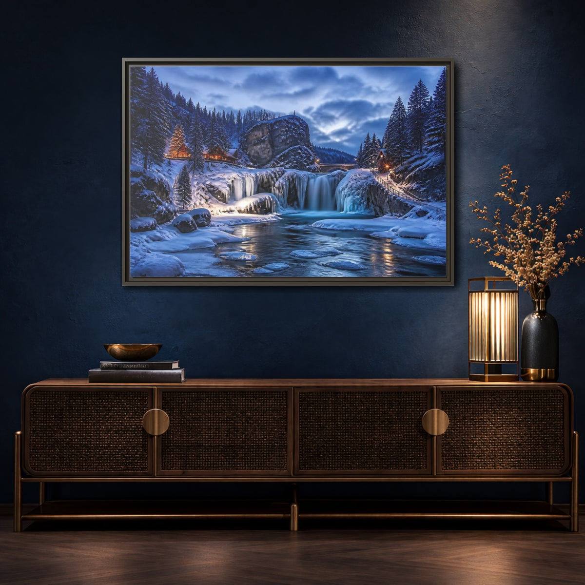 Mockup 4. Snowy Waterfall Cabin shown as framed canvas print