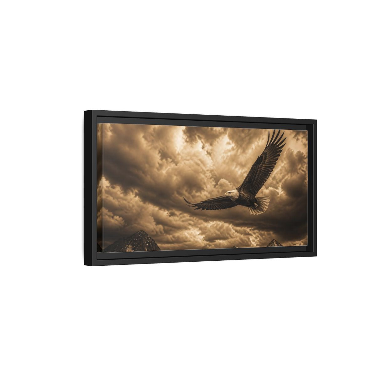 Side Mockup 8. Soaring Bald Eagle Over Mountains shown as framed canvas print