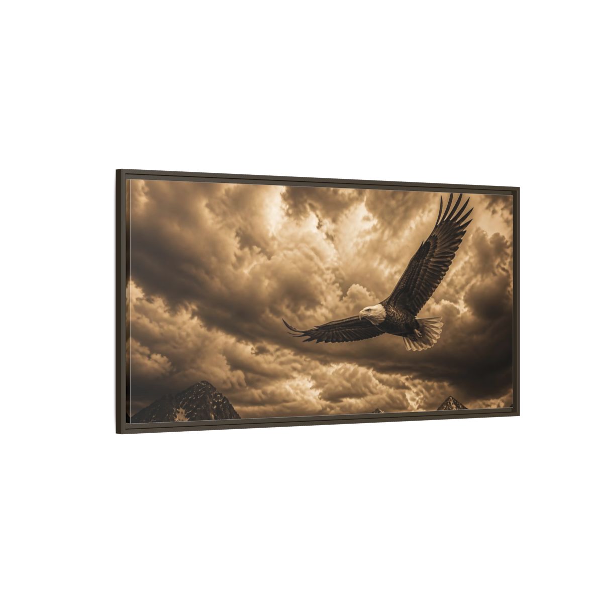 Side Mockup 4. Soaring Bald Eagle Over Mountains shown as framed canvas print