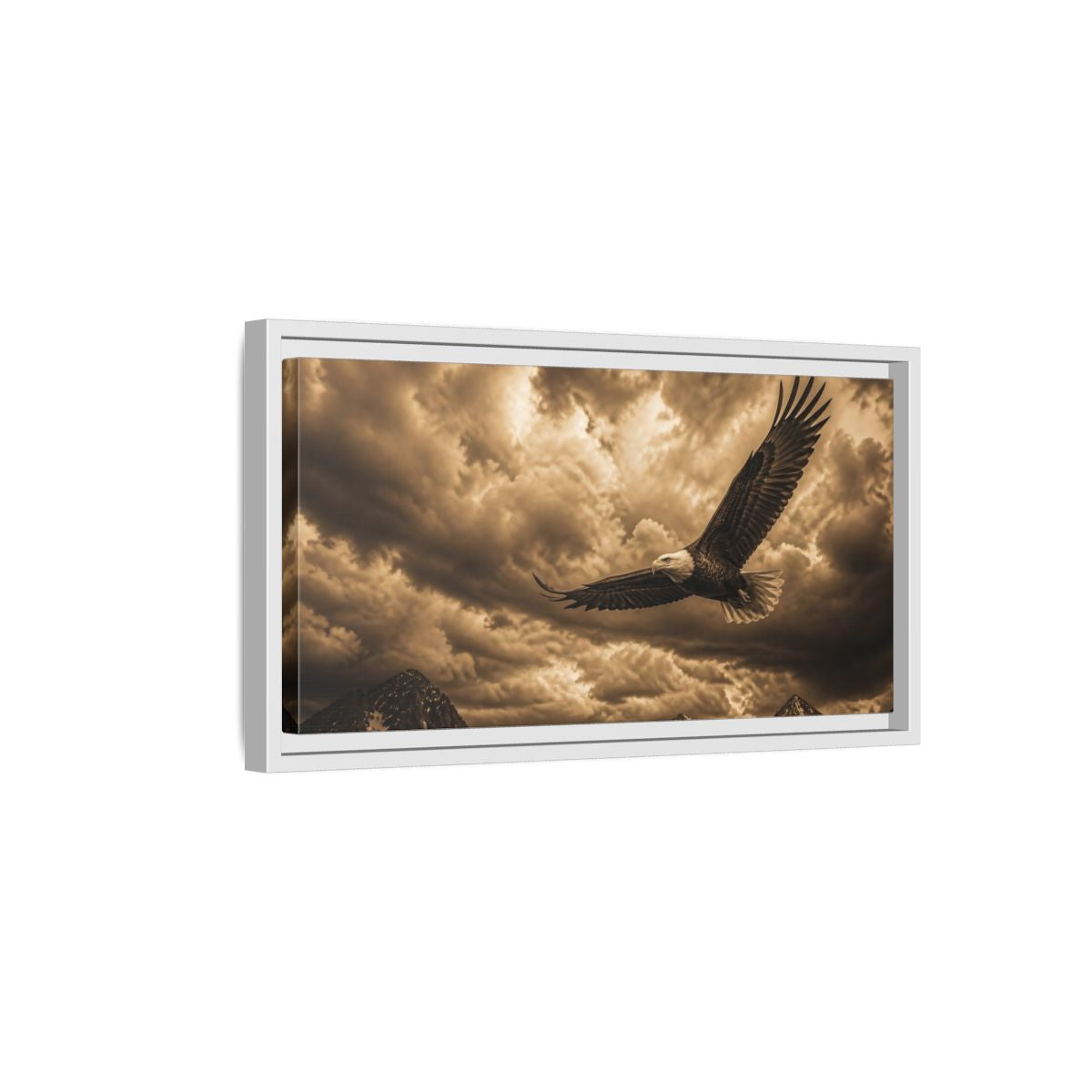 Side Mockup 6. Soaring Bald Eagle Over Mountains shown as framed canvas print
