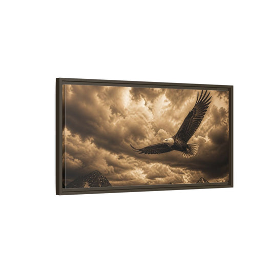 Main Mockup. Soaring Bald Eagle Over Mountains shown as framed canvas print