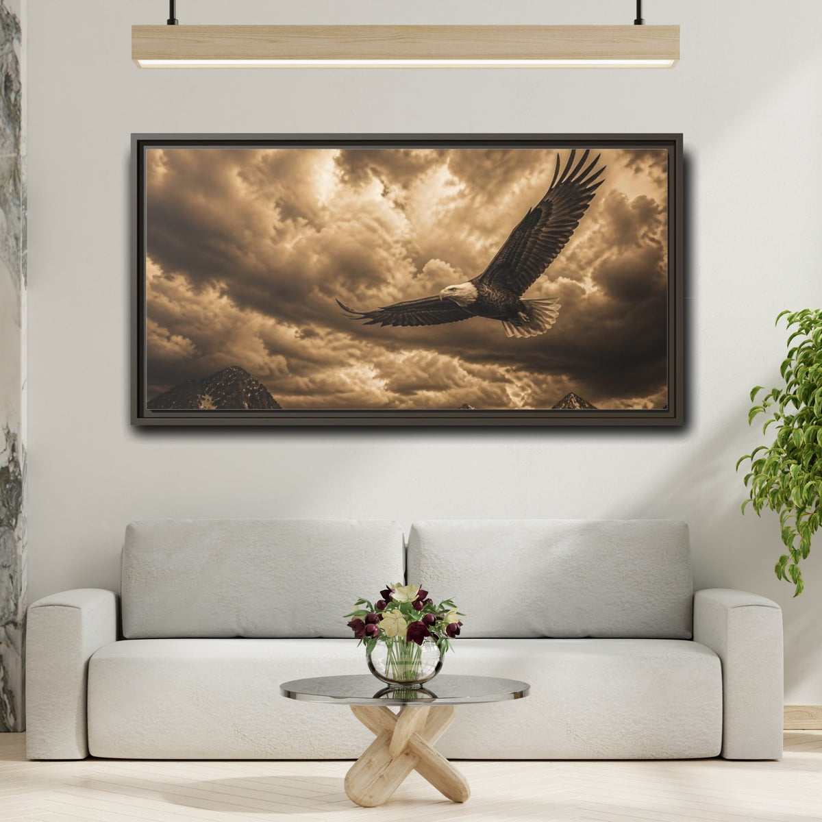 Mockup 2. Soaring Bald Eagle Over Mountains shown as framed canvas print