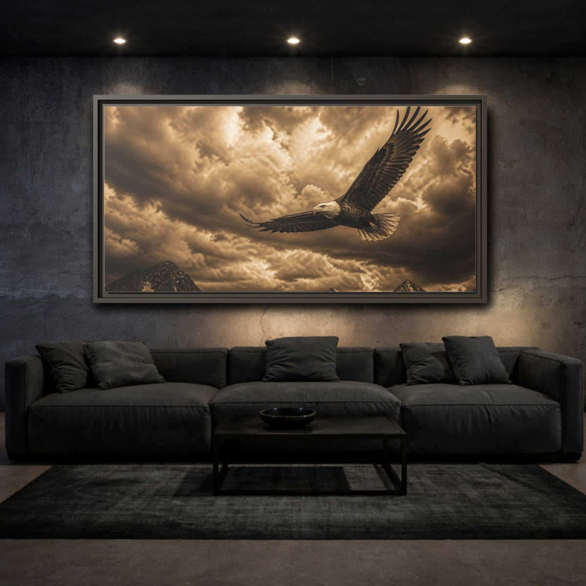 Mockup 3. Soaring Bald Eagle Over Mountains shown as framed canvas print