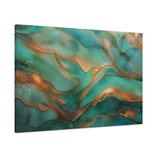 Main Mockup. Soaring Teal Bird shown as canvas print
