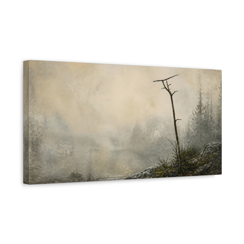 Side Mockup 3. Solitary Tree On Misty Shore shown as canvas print