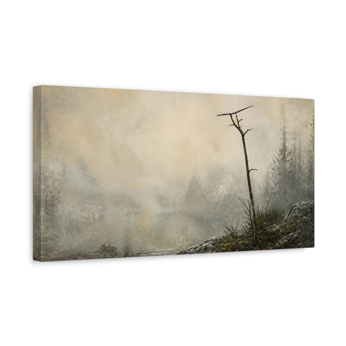 Side Mockup 3. Solitary Tree On Misty Shore shown as canvas print