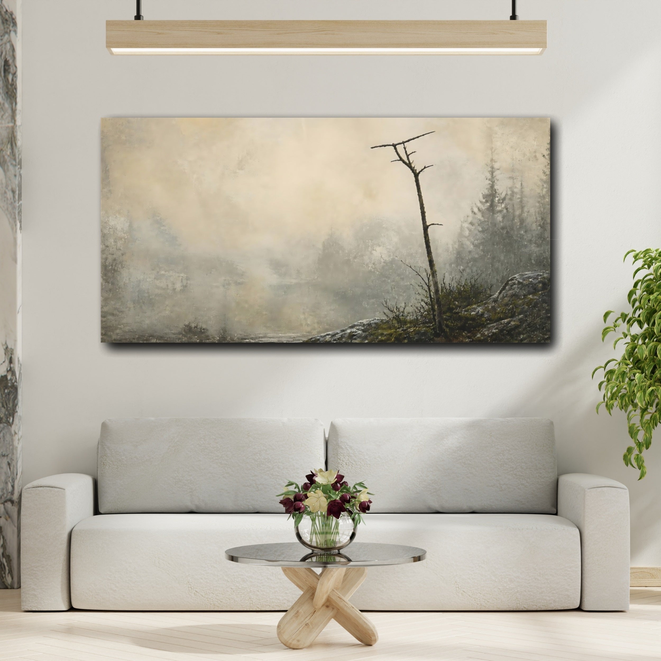 Mockup 2. Solitary Tree On Misty Shore shown as canvas print