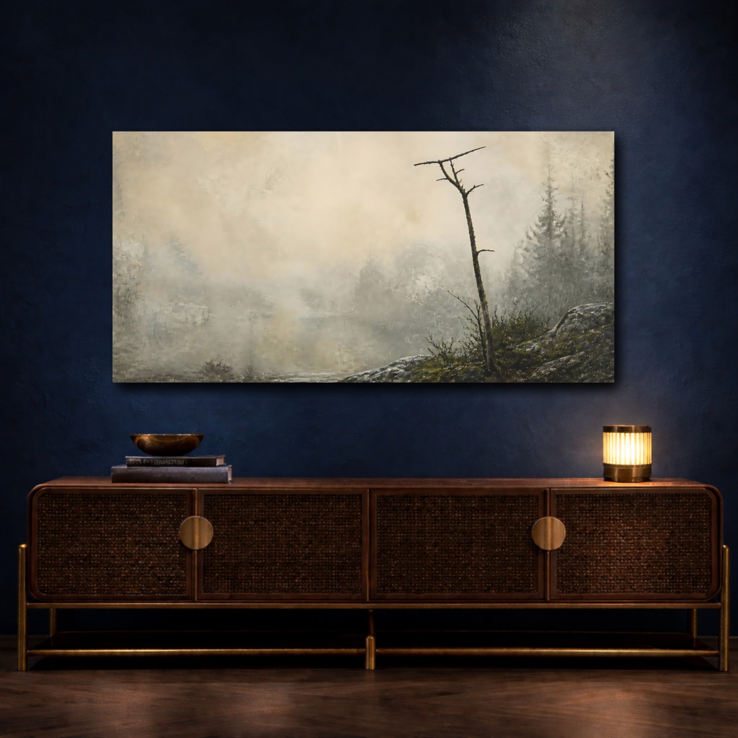 Mockup 4. Solitary Tree On Misty Shore shown as canvas print