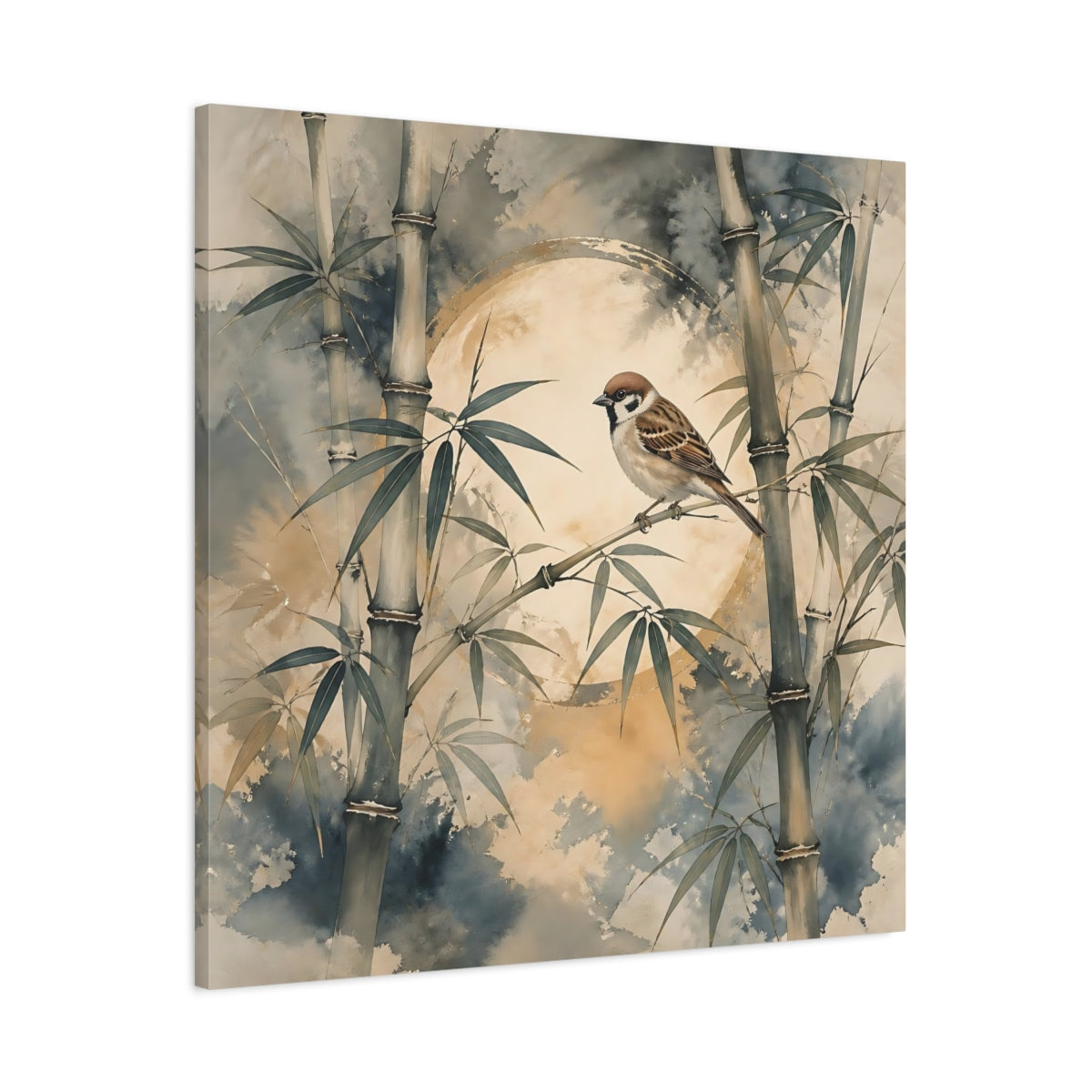 Main Mockup. Sparrow On Bamboo Moon shown as canvas print