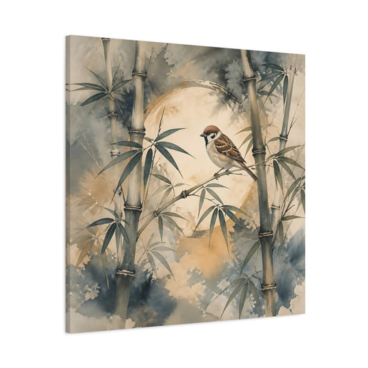 Main Mockup. Sparrow On Bamboo Moon shown as canvas print