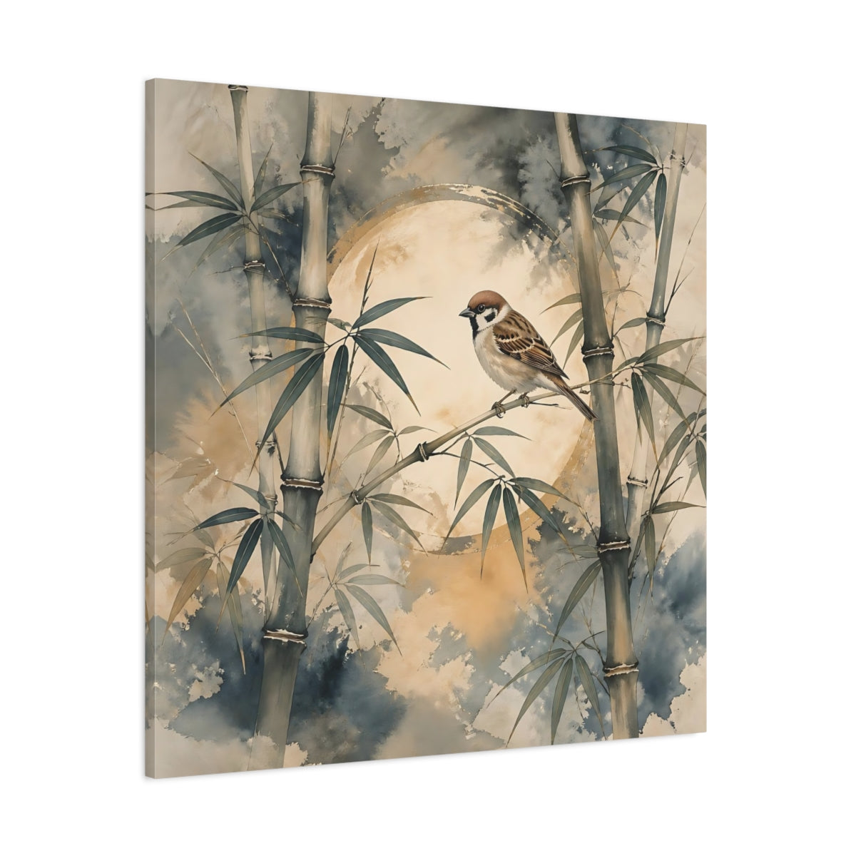 Side Mockup 1. Sparrow On Bamboo Moon shown as canvas print