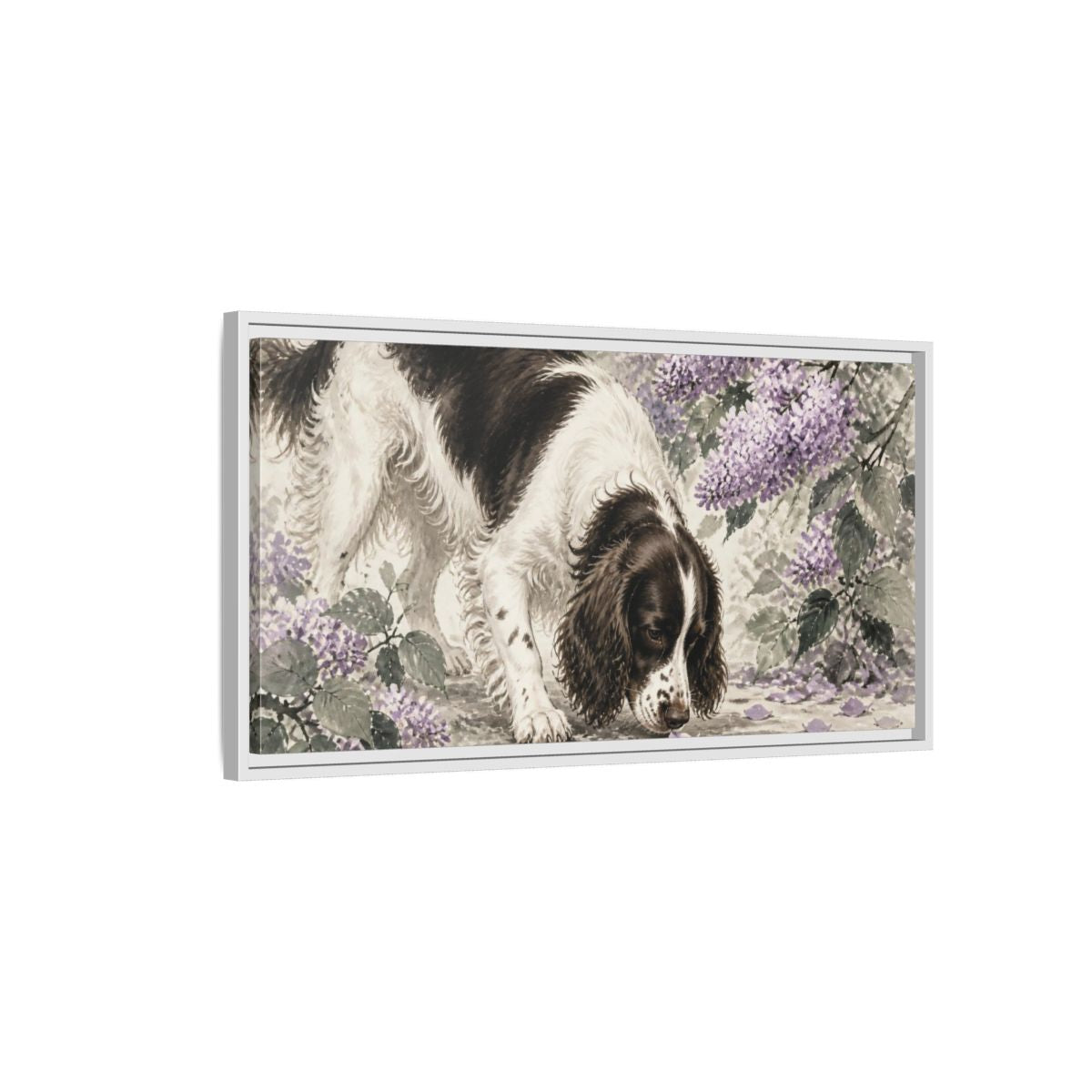 Side Mockup 1. Springer Spaniel Pets Scene shown as framed canvas print