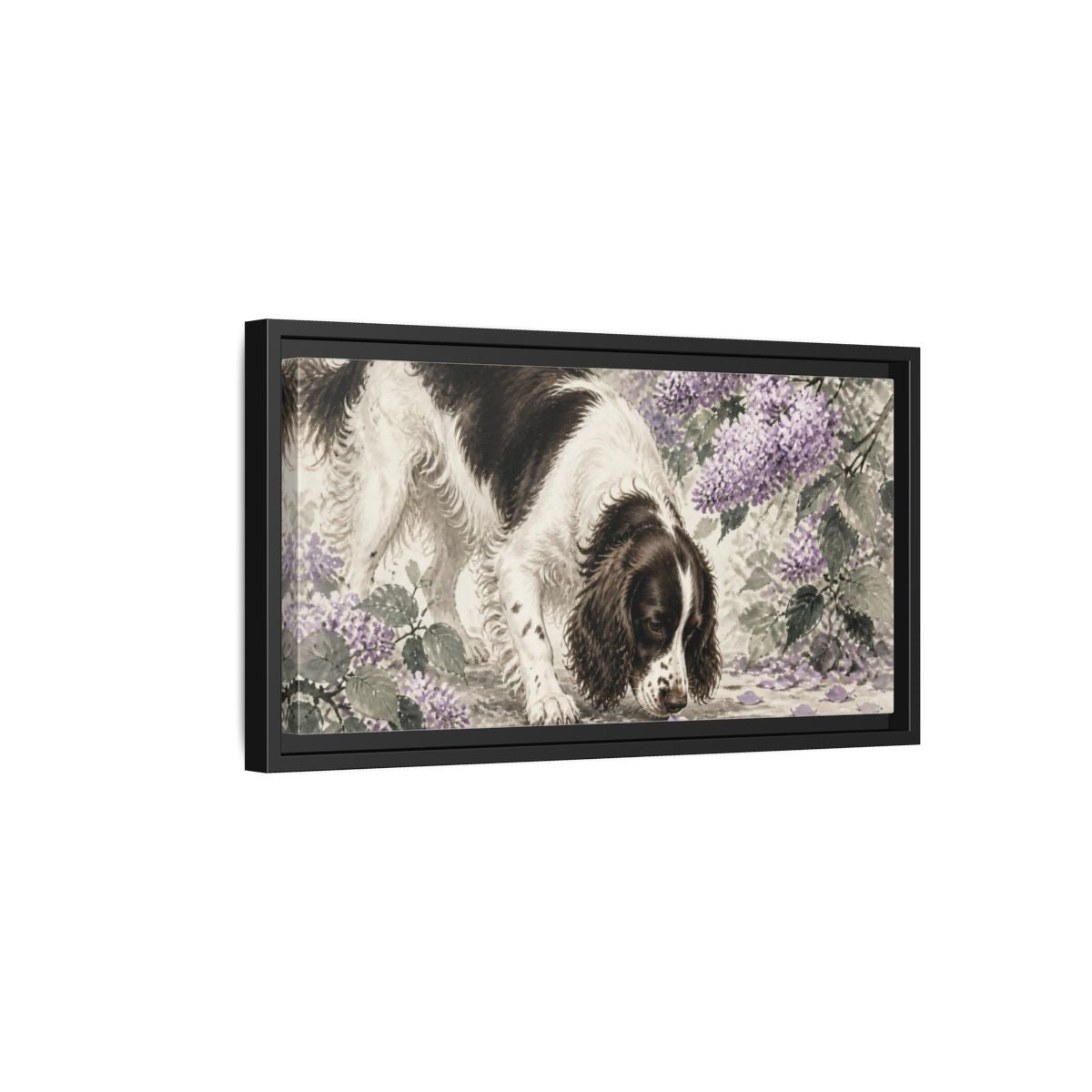 Side Mockup 8. Springer Spaniel Pets Scene shown as framed canvas print