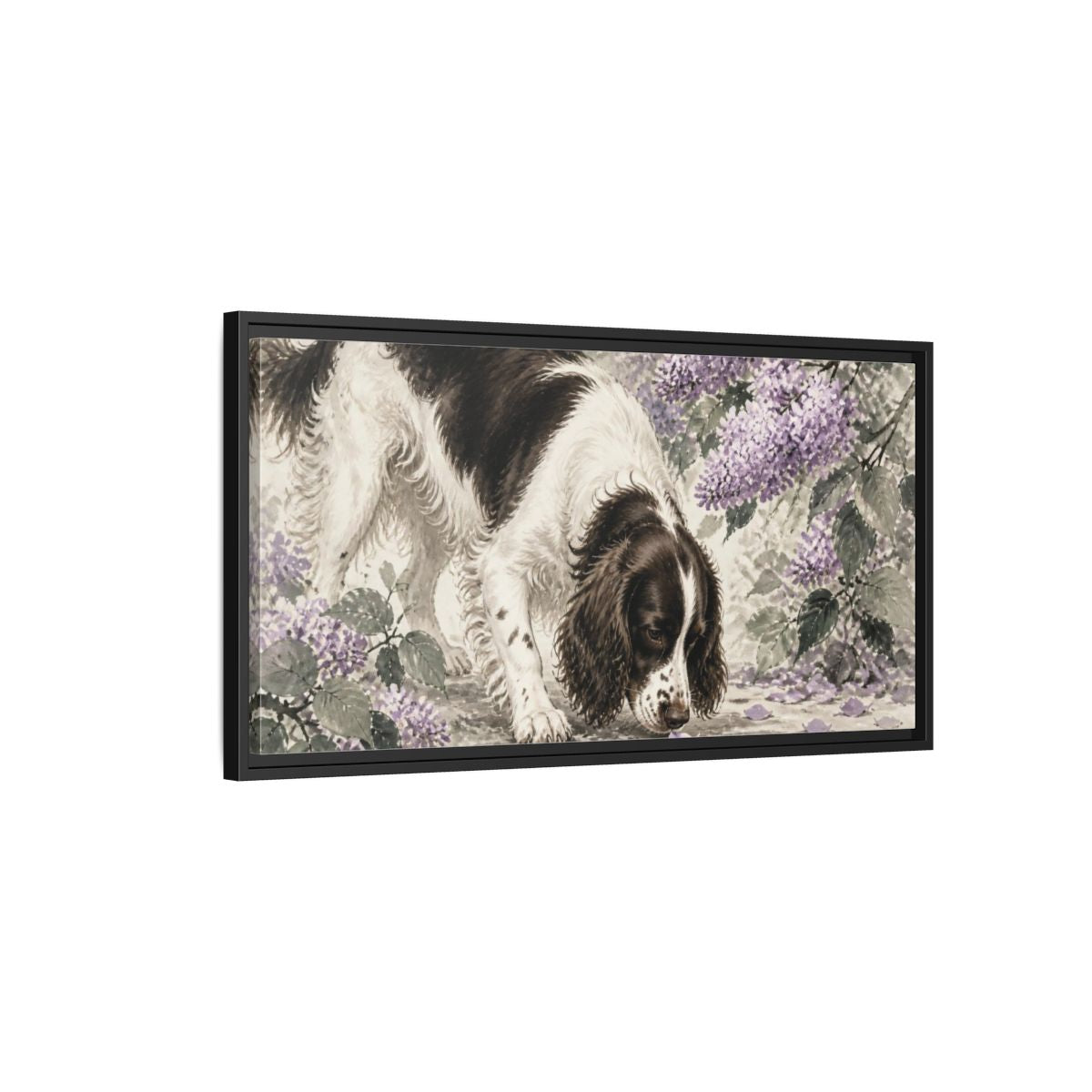 Side Mockup 2. Springer Spaniel Pets Scene shown as framed canvas print