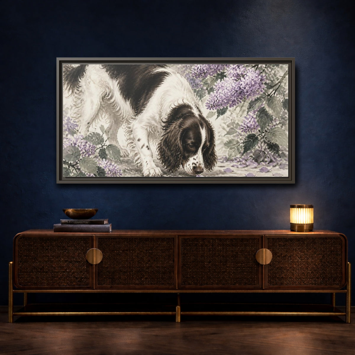 Mockup 4. Springer Spaniel Pets Scene shown as framed canvas print