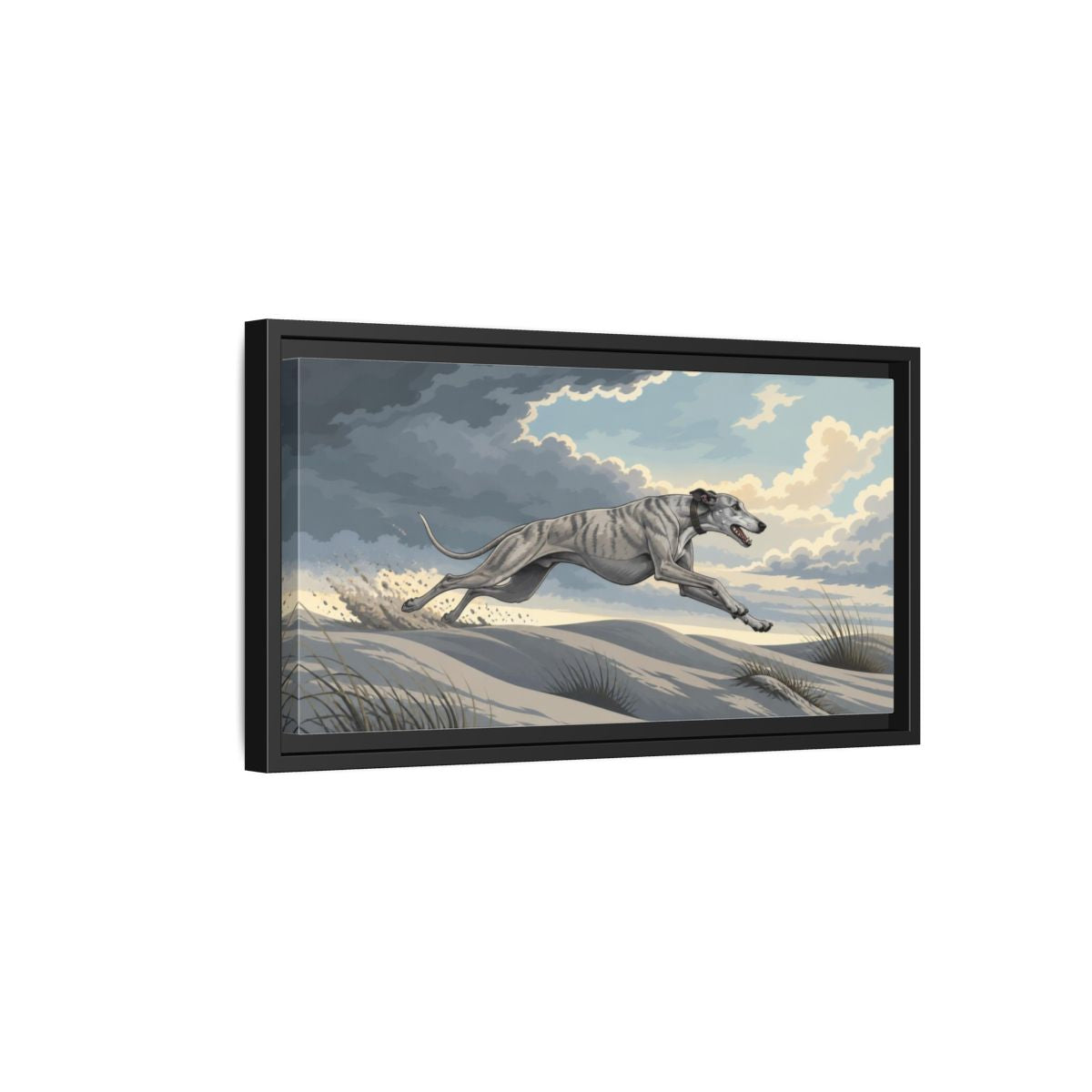 Side Mockup 8. Sprinting Pet Greyhound shown as framed canvas print