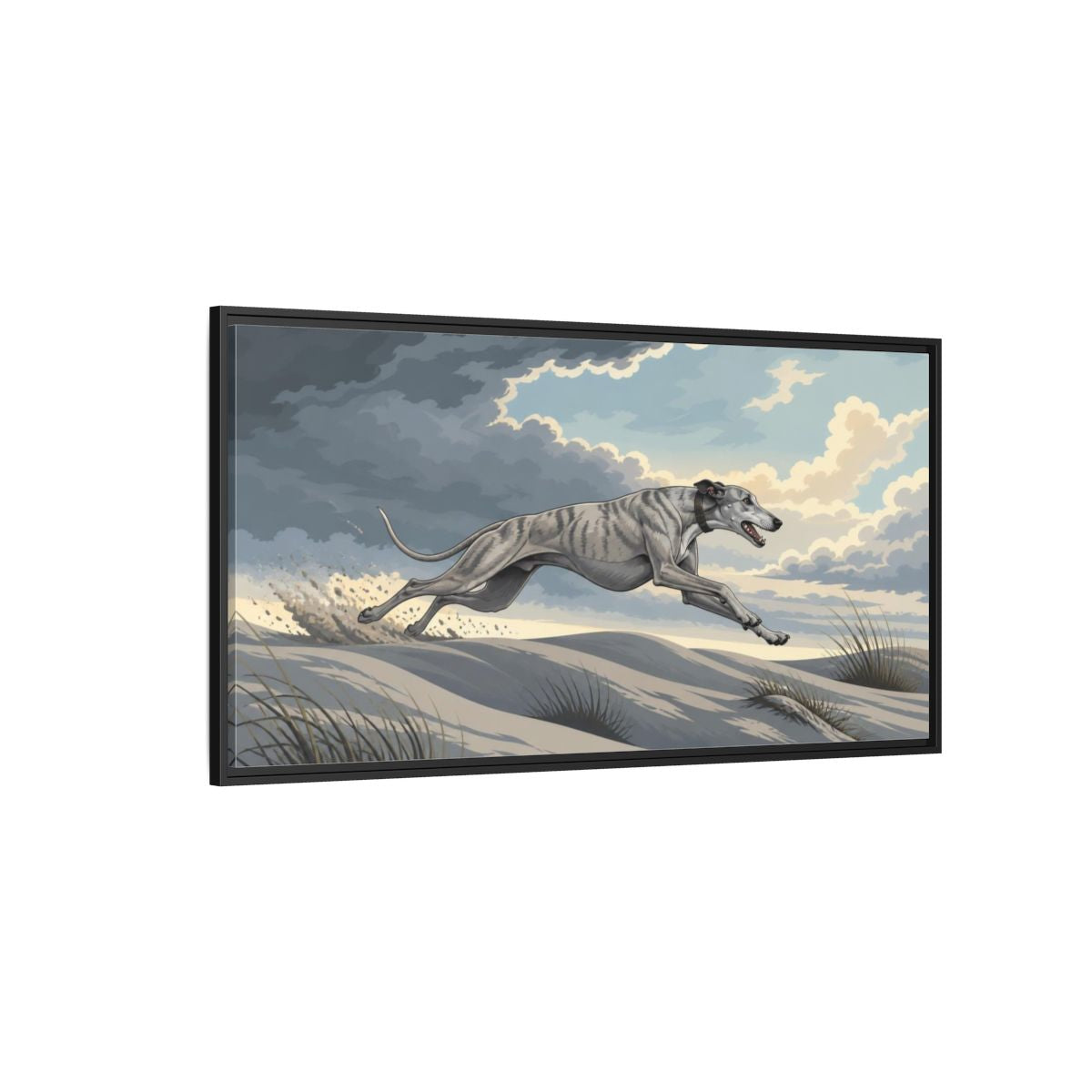 Side Mockup 5. Sprinting Pet Greyhound shown as framed canvas print