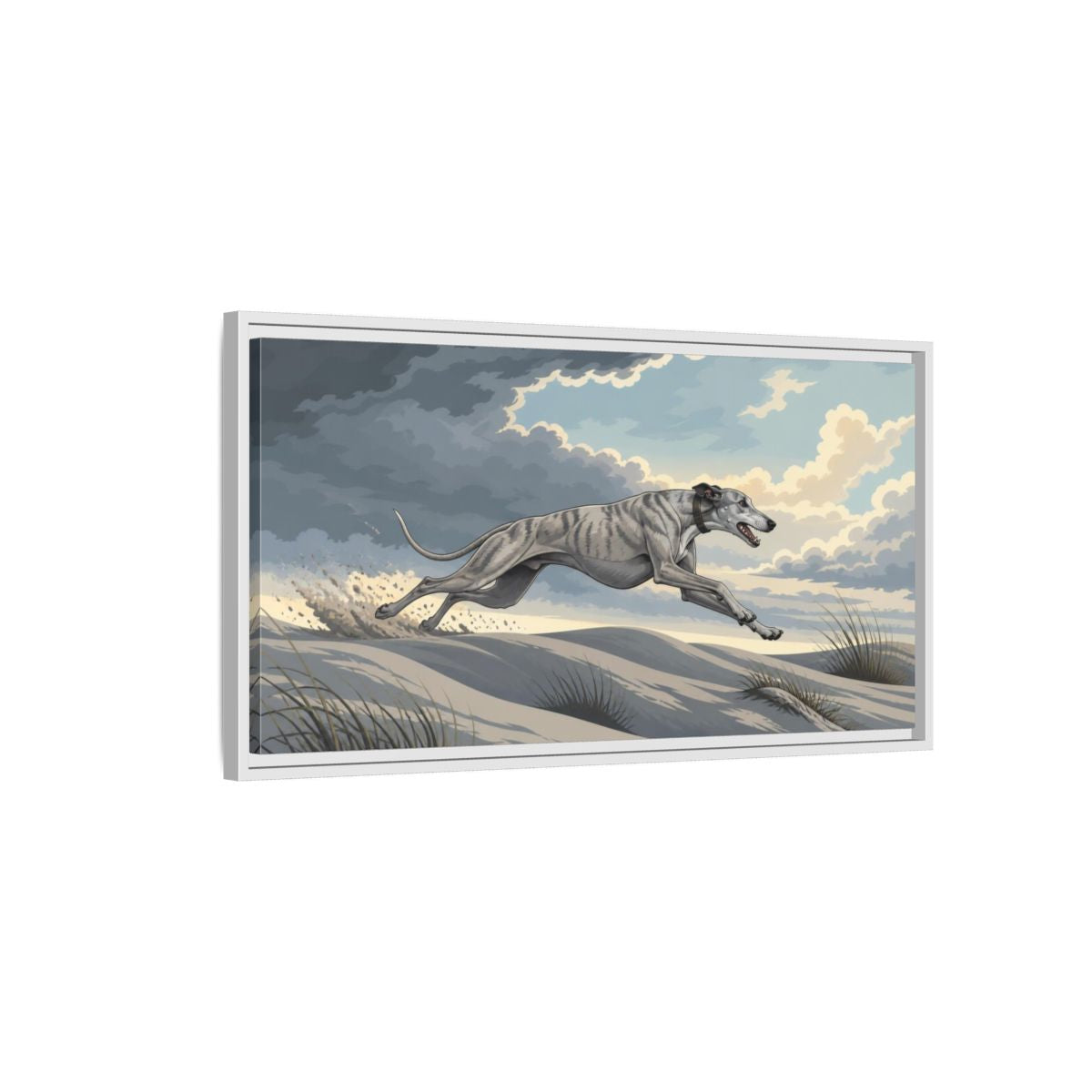 Side Mockup 1. Sprinting Pet Greyhound shown as framed canvas print