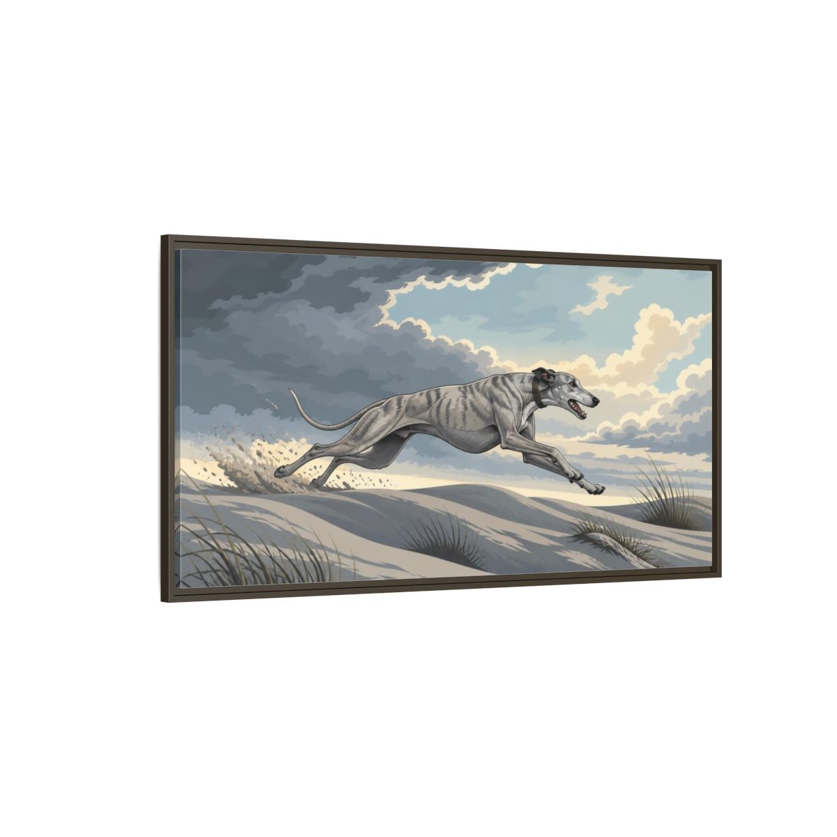 Side Mockup 4. Sprinting Pet Greyhound shown as framed canvas print