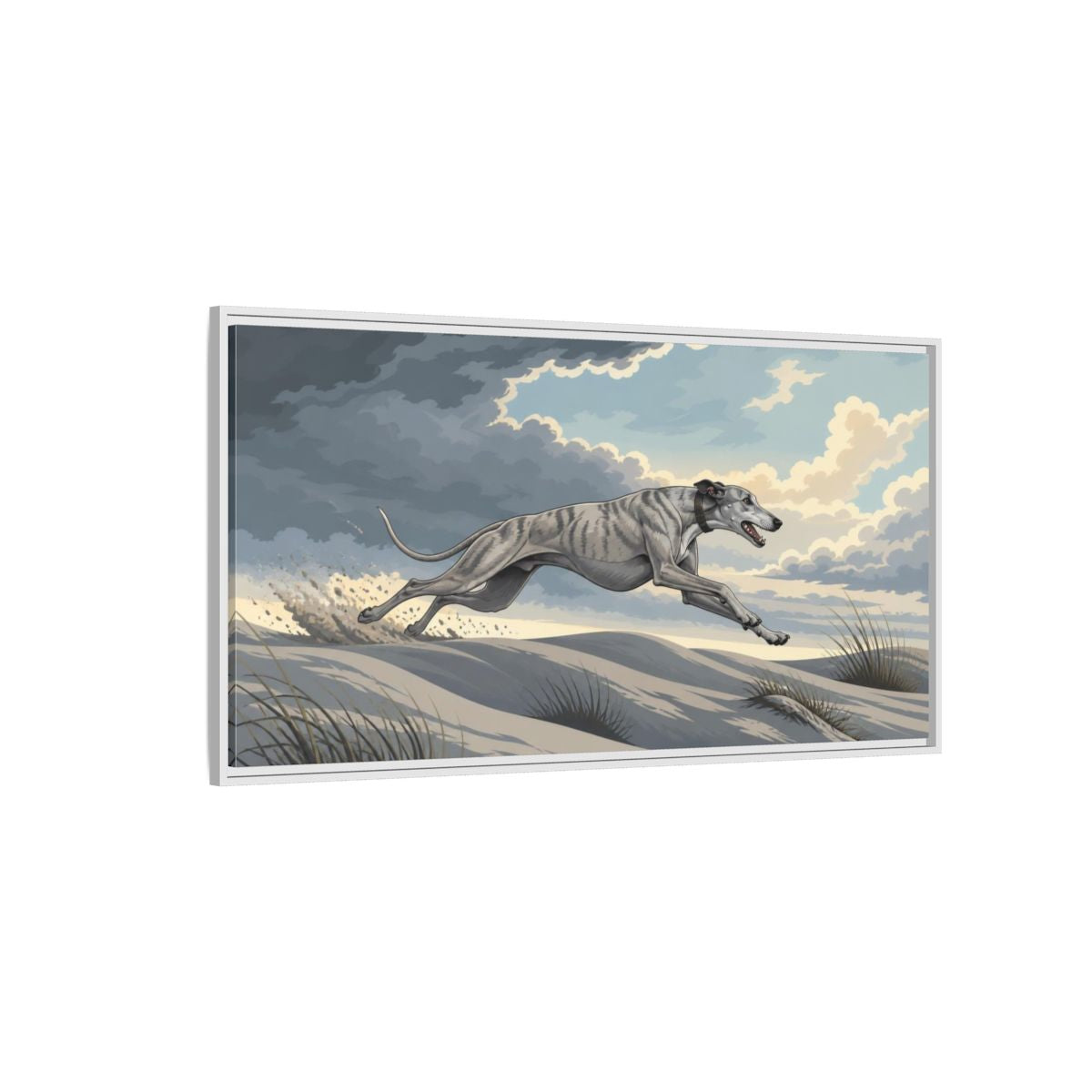 Side Mockup 3. Sprinting Pet Greyhound shown as framed canvas print