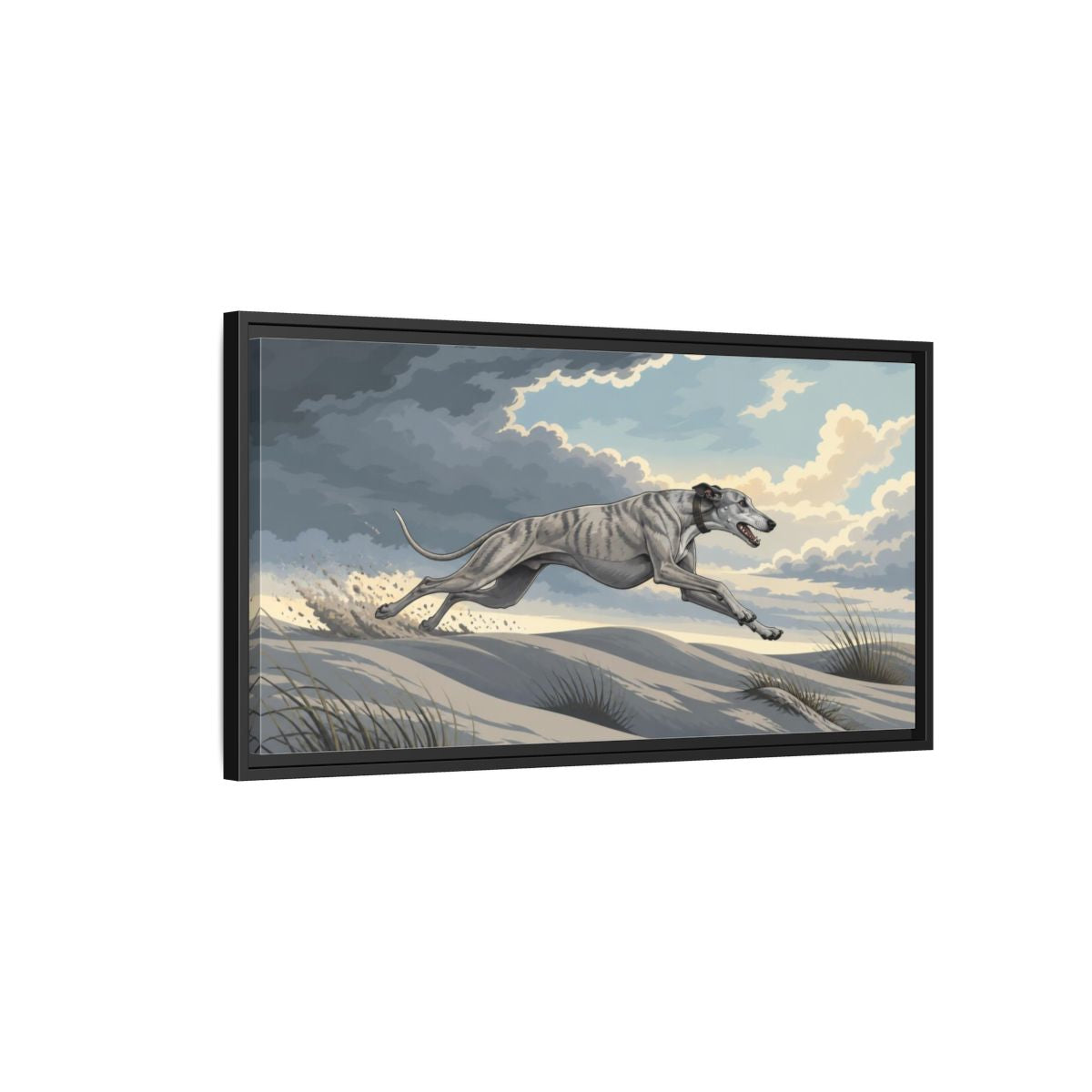 Side Mockup 2. Sprinting Pet Greyhound shown as framed canvas print