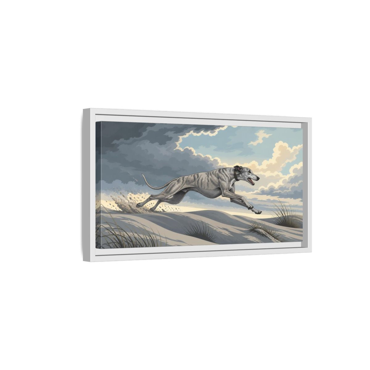 Side Mockup 6. Sprinting Pet Greyhound shown as framed canvas print