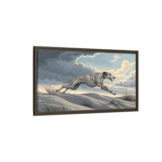 Main Mockup. Sprinting Pet Greyhound shown as framed canvas print