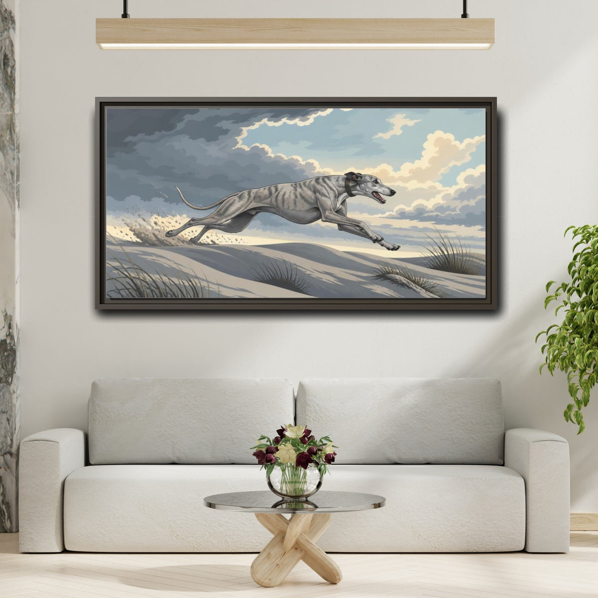 Mockup 2. Sprinting Pet Greyhound shown as framed canvas print