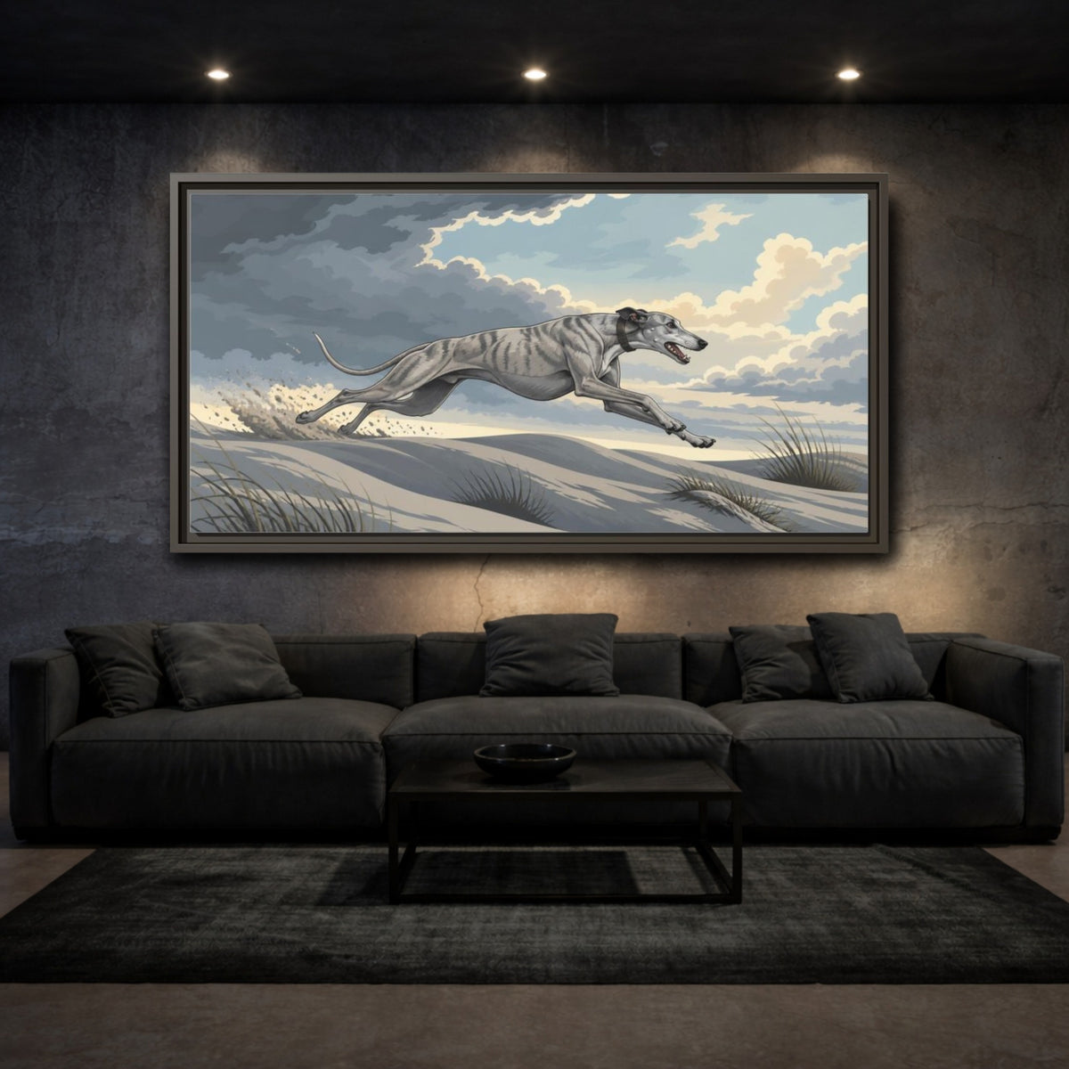 Mockup 3. Sprinting Pet Greyhound shown as framed canvas print