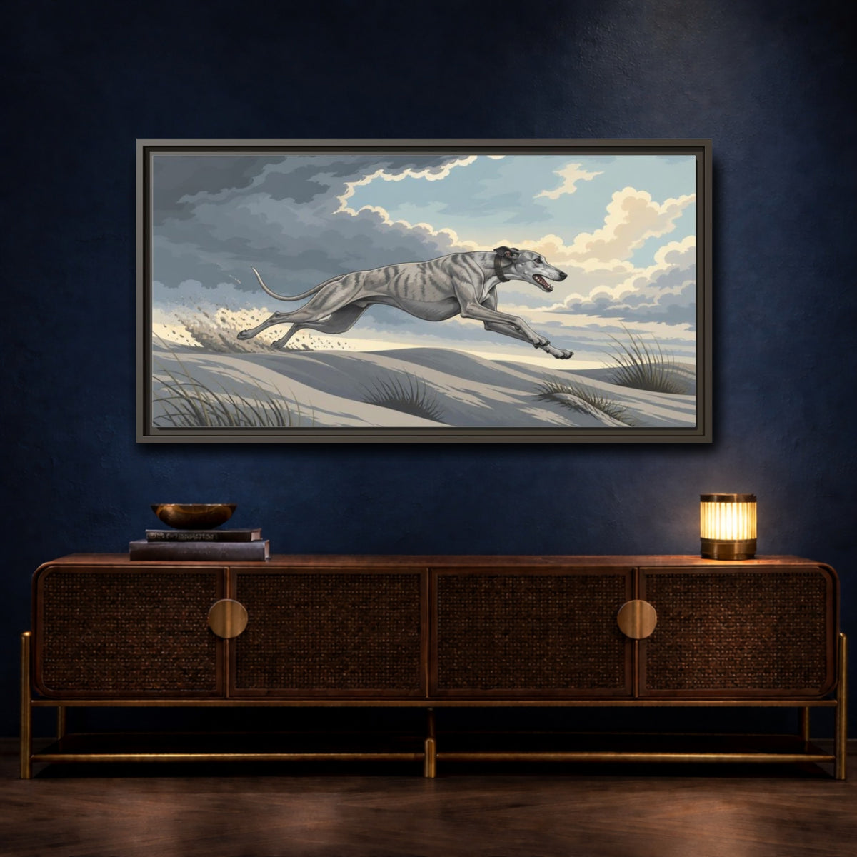 Mockup 4. Sprinting Pet Greyhound shown as framed canvas print