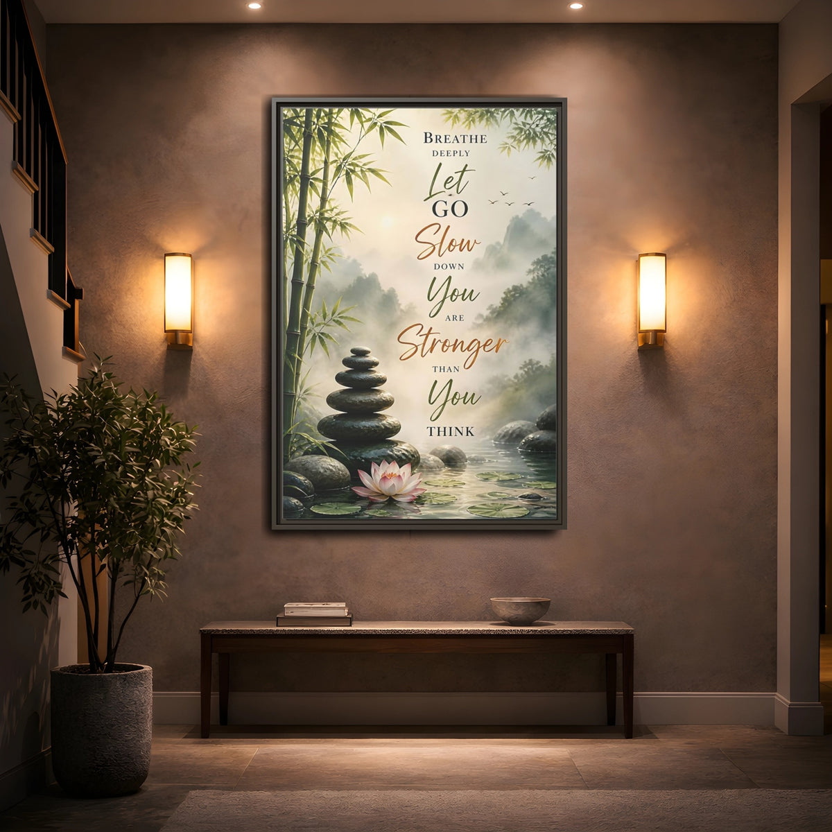 Mockup 2. Stacked Stones Quote shown as framed canvas print