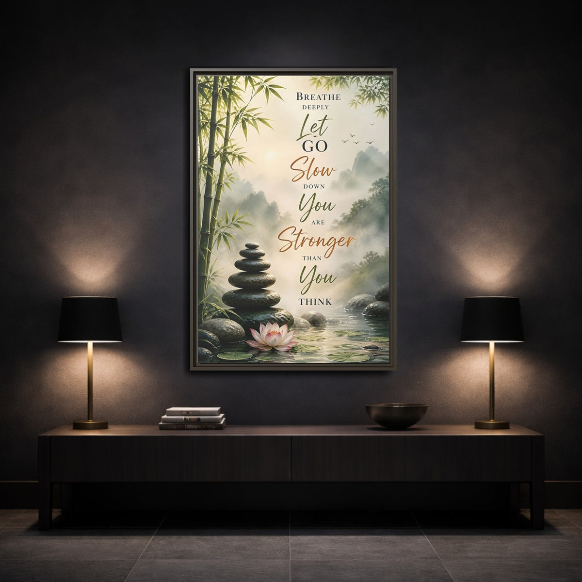 Mockup 3. Stacked Stones Quote shown as framed canvas print