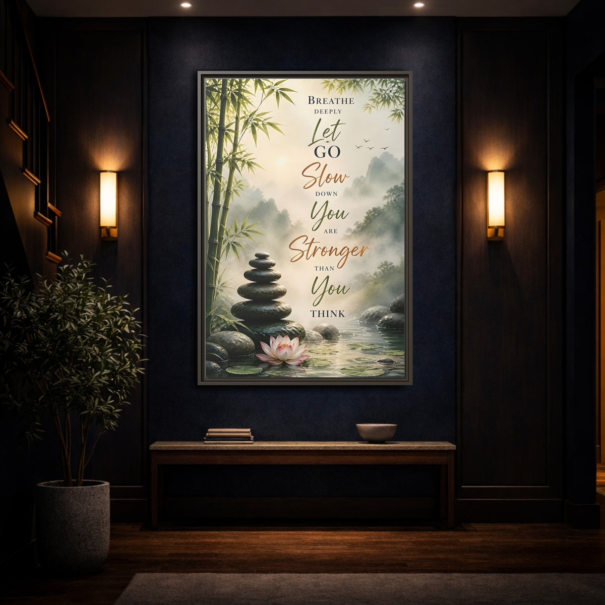 Mockup 4. Stacked Stones Quote shown as framed canvas print