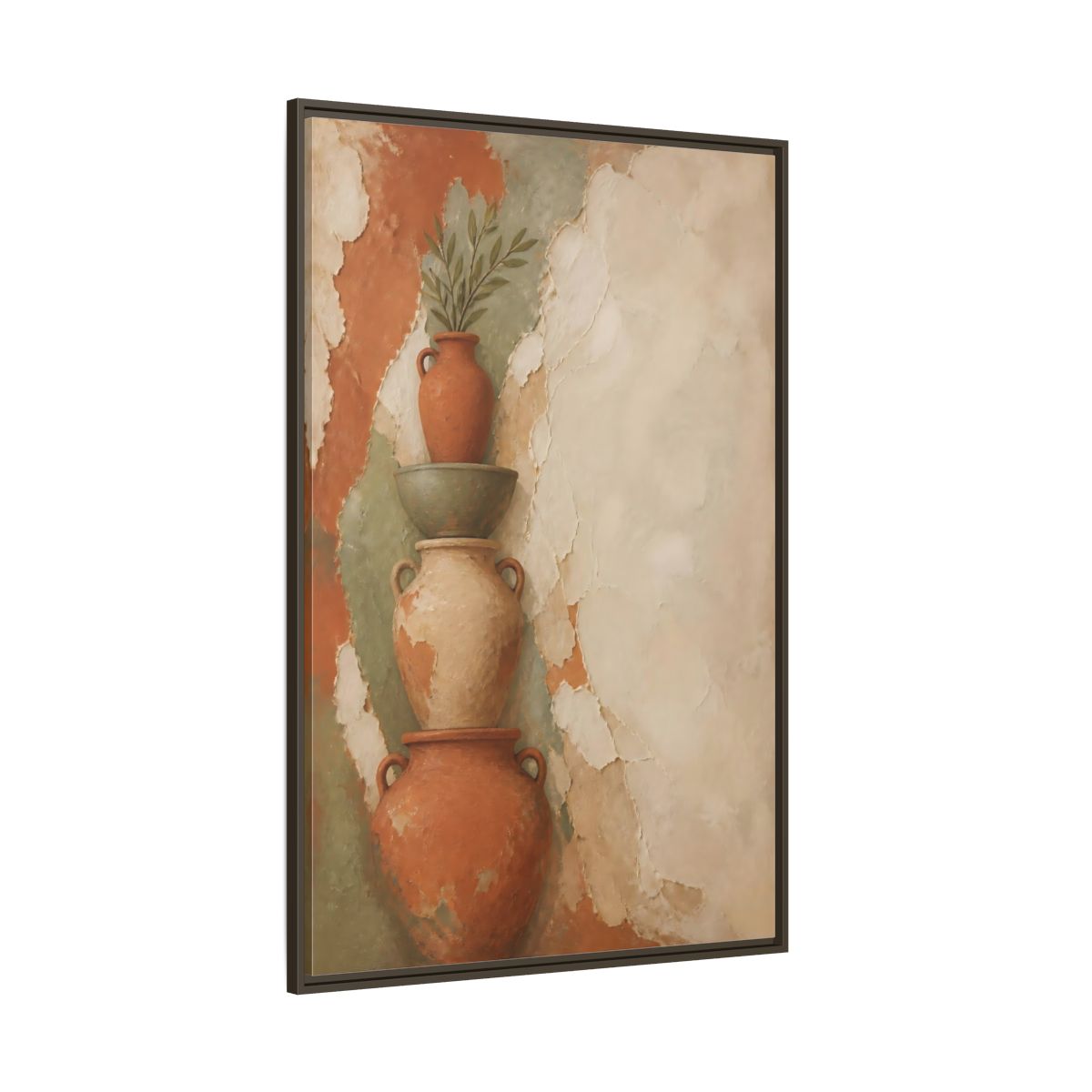 Side Mockup 8. Stacked Terracotta Vases shown as framed canvas print