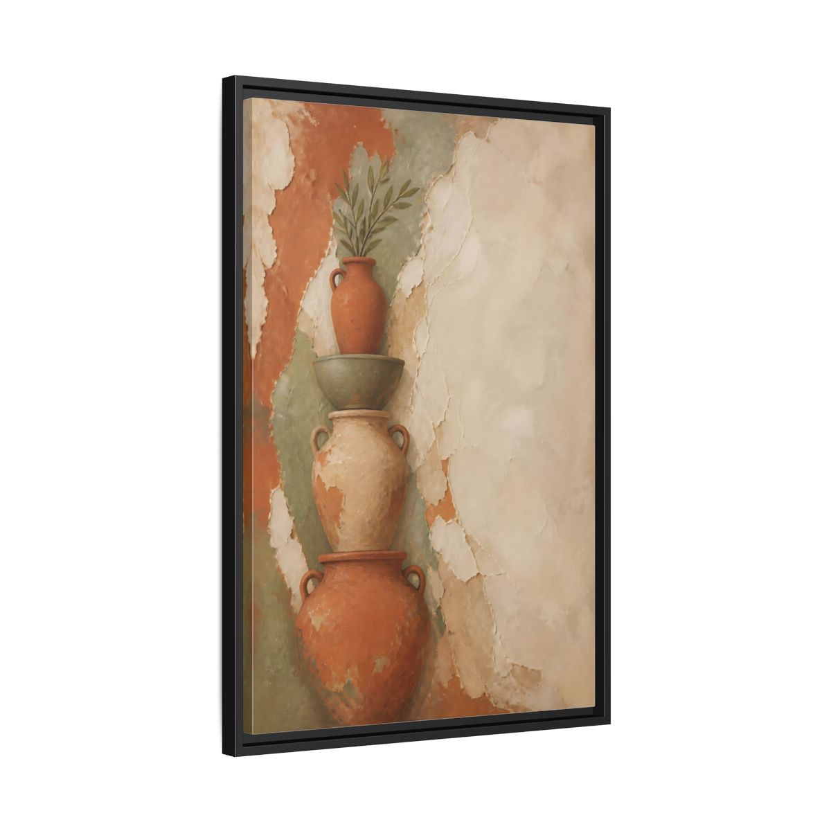 Side Mockup 14. Stacked Terracotta Vases shown as framed canvas print