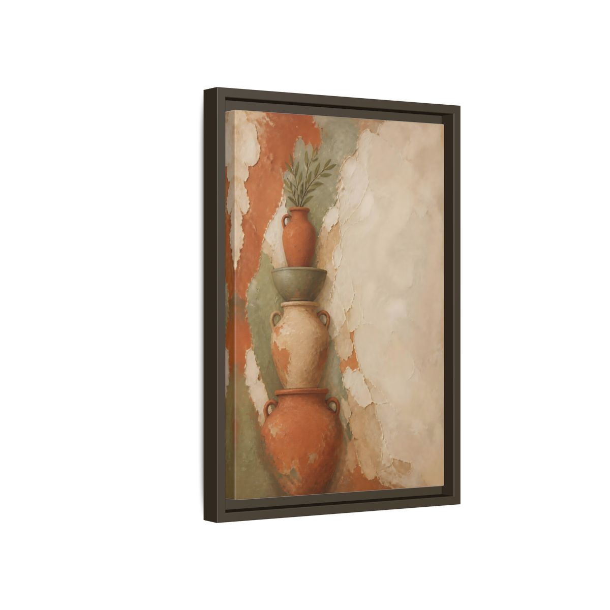 Side Mockup 5. Stacked Terracotta Vases shown as framed canvas print